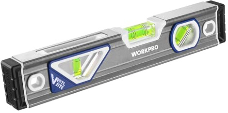 WORKPRO 10 Inch Torpedo Level, Small leveler tool with 3 Different Bubbles 45°/90°/180°, bubble level With Shock Absorbing End Caps, V-Groove for Conduit Bending, Silver/White/Blue