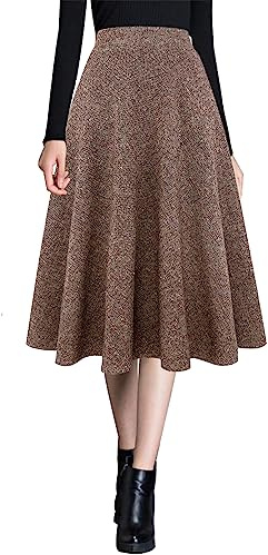 Winter Skirts for Women 2025 High Waisted A Line Pleated Warm Fall Tartan Tweed Flannel Suede Sweater Corduroy Midi Wool Skirt (Dark Khaki, L)