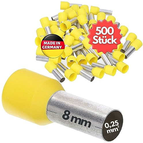 Kalitec 500 St Isolerade Ändhylsor 0,25 mm² - AE02508GE Gula Trådhylsor | UL-certifierade kabelhylsor av förtent koppar, 8 mm hylslängd, för elinstallation, industri och terminalanslutningar