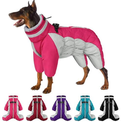 SUNFURA Vierbeiniger Hundemantel, warme Fleece-Hundejacke, reflektierender Rollkragen-Hunde-Wintermantel mit Geschirr, winddicht, wasserdicht, Ganzkörper-Schneeanzug, Schneejacke für kleine,