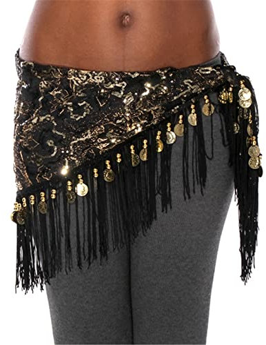 QUNINE Bauchtanzgürtel für Damen, Hüfttuch, Damen-Tanzzubehör, Fransen, Netz, Pailletten, Basis, Dreiecksgürtel, Bauchtanz (Gold, Einheitsgröße)