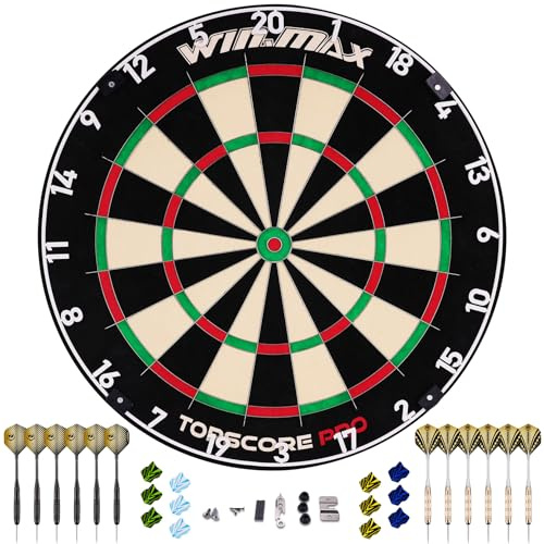 WIN.MAX Dartscheibe Kork Mit Pfeilen - Offizielles Steeldart Set, 12 Dartpfeile Metallspitze, 24 Flights