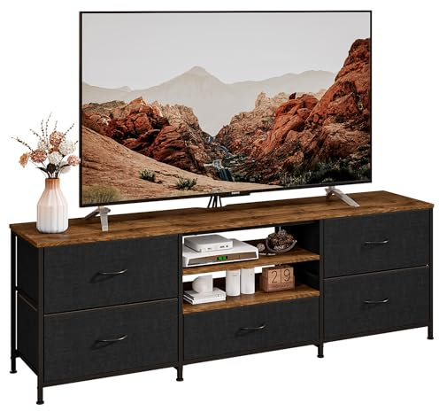 Taotigzu TV-Schrank,Fernsehschrank,Lowboard für Fernseher bis zu 65 Zoll,TV Board mit 5 Schubladen aus Stoff,2 offenen Fächern,Fernsehtisch mit Stahlgestell für Wohnzimmer,30 x 140 x 50 cm (Schwarz)