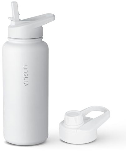 Vinsun Trinkflasche Edelstahl weiß 1L - Strohhalm, Trinköffnung - auslaufsicher, Kohlensäure geeignet, BPA frei - Thermosflasche Sport, Outdoor, Schule, Uni, Fahrrad, Büro, Gym