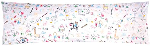 Renforcé Seitenschläferkissen Bezug 40x145cm - Familie (EW-My-Family) | Häuser und Tiere gemalt - 100% Baumwolle, Kissenbezug für Kinder, Reißverschluss auf der langen Seite