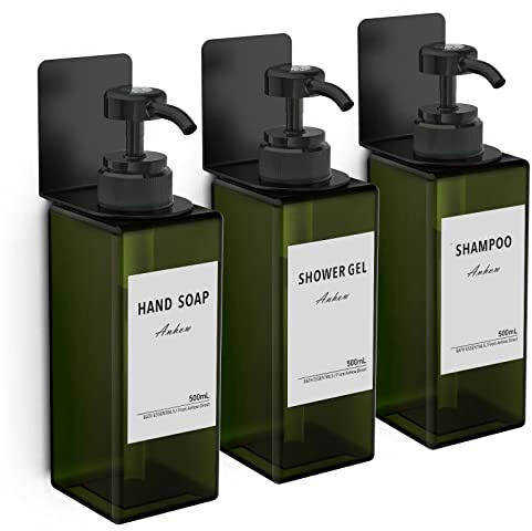 Anhow 3 Stycken Badrum Tvåldispenser, 500 ml Väggduschdispenser utan borrning Duschdispenser Duschschampo och Duschtvål med Etikett för Badrum Dusch Kök - Grön