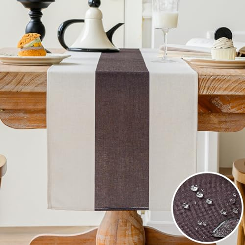 Vorysum Tischläufer Modern Dekoration Tischläufer Wasserabweisend Leinen，Tischläufer Abwaschbar，Tischdecke Outdoor Sommer Garten für Hochzeit Esszimmer Party Urlaub (Braun, 33 x 120 cm)
