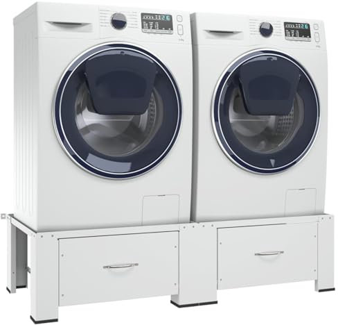 Kavolet Waschmaschinensockel mit Schubladen, Waschmaschinen-Untergestell, Weiß, 127x54,5x32,5 cm, aus Stahl, bis 200kg, Trocknersockel Unterschrank Podest für Waschmaschine und trockner
