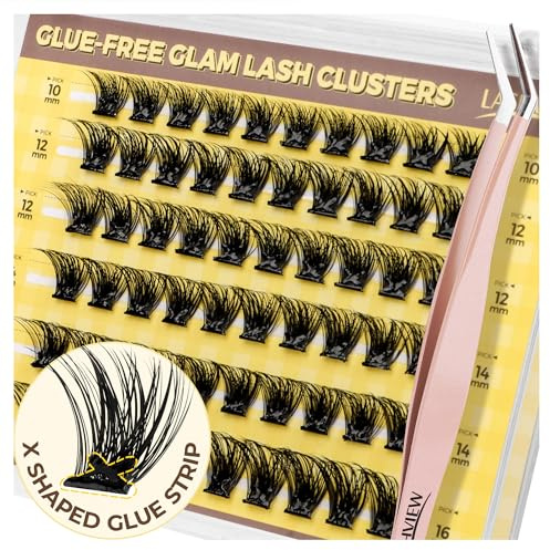 LASHVIEW Self Adhesive Lashes Clusters Eyelashes,Press-on Lashes 10-16mm Individual Lash Extension Kit with Lash Tweezers,No Glue Needed Natural Self Adhesive DIY Eyelash Extension Kit (56D)