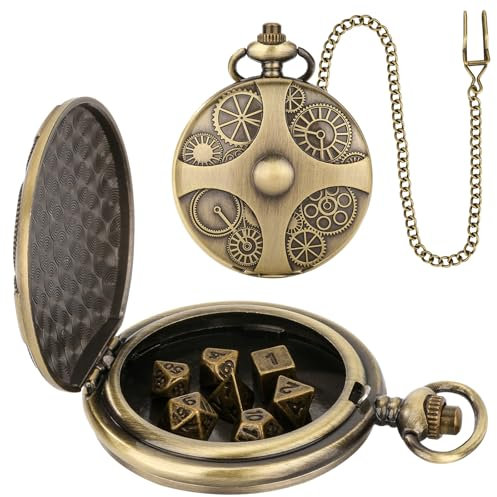 Burkfeeg Mini Juego de Dados DND con Carcasa de Bronce Steampunk Hueco para Reloj de Bolsillo 7 Piezas de Dados de Metal Poliédrico Dungeons and Dragons Juegos de Rol