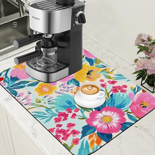 POIUBLE Tapis de séchage floral aquarelle pour comptoir de cuisine, tapis de bar, tapis absorbant les taches, dos en caoutchouc, pour machine à café, accessoires de bar à café, 40 x 60 cm