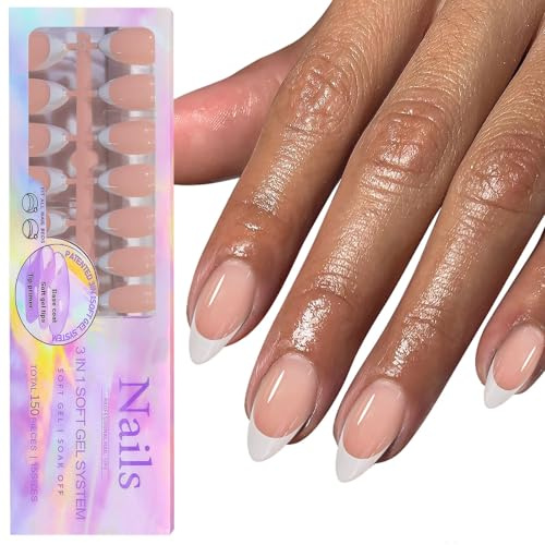 GZMAYUEN Press on Nails Almond French Nude - 15 Stück 150Pcs Full Cover Nails zum Aufkleben 3 in 1 Soft Gel Künstliche Nägel