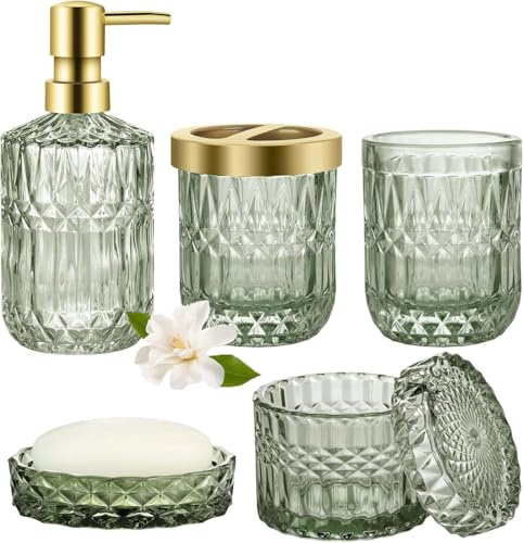 5-teiliges Badezimmer-Set aus Glas, Stilvolle Badezimmer-Deko mit Seifenspender, Zahnbürstenhalter, Wattepad-Halter, Becher, Seifenschale für Waschtisch, Badezimmer (Salbeigrün)