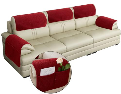 OREZAUQS Armlehnenschoner Lamm Samt Armlehnenbezüge mit Taschen rutschfeste Armlehnenschoner Kopfstützenbezug für Sofa Stuhl Couch Waschbarer (Rot,A+2*B+C)