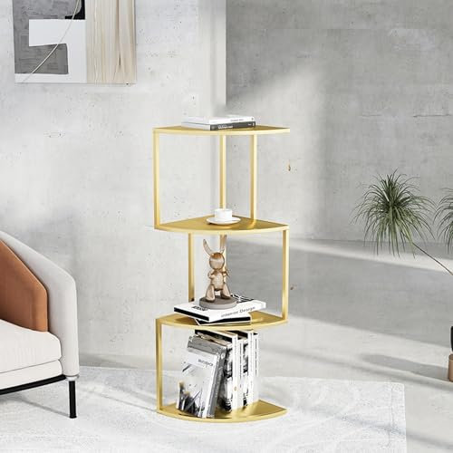 TRUNXUCL Iron Art Corner Shelf Stand, 3 Tier Fan Shaped Corner Bookshelf Unit, Plant Stand Display Shelf, Corner Storage for Living Room, Home Office, Kitchen, Small Space(Gold)