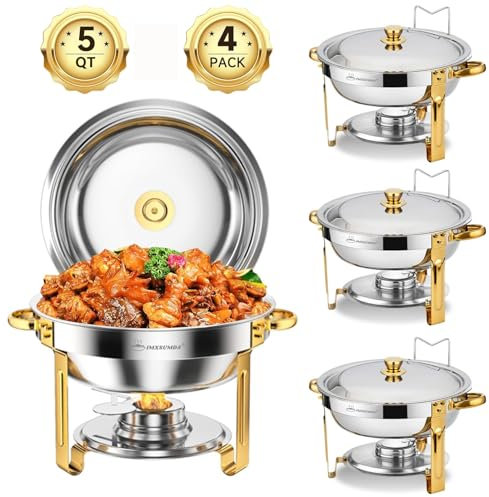IMXSUMDA Chafing Dishes for Buffet 4 Pack, 5 QT Round Chafing Dish Buffet Set, Gold and Silver Buffet Servers and Warmers,Stainless Steel Chafers Sets for Catering Parties Event Weddings Holiday
