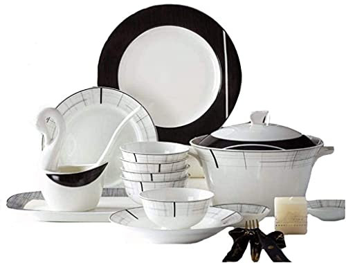 KHYTEBV Elegante Set da tavola Resistente, Set da tavola in Porcellana da 66 Pezzi, Combinazione Moderna di stoviglie in Bianco e Nero smaltate Adatte per 10 Persone