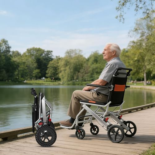 JNMDLAKO Transport Wheelchair Lightweight Foldable,Ultra Light Portable Wheelchair with Handbrake-3s Folding,Comfy and Sturdy Travel Wheelchair Lightweight for Adults,with Bag,Only 19lbs