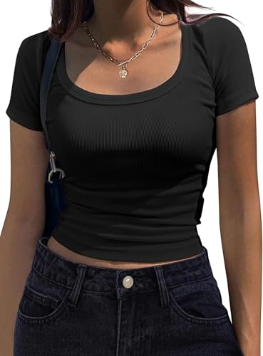 ELFIN T-Shirt Côtelé pour Femme Coupe Ajustée Col Rond Manches Courtes Basique d'été Extensible Haut Décontracté