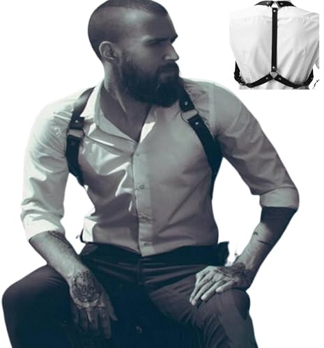 VKFOFEG Harness Männer Leder, Verstellbarer Herren Punk Body Brust, Festival Rave Outfit für Herren, Leder Harness für Männe, Festival Party Rave Halloween Cosplay Ostern Karneval