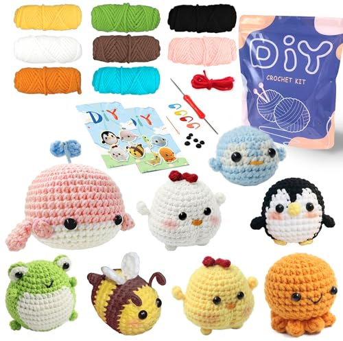 YAMAXIN Häkel-Set für Anfänger, Häkel-Starter-Set mit Schritt-für-Schritt-Videotutorials, Anfänger-Häkel-Sets für Erwachsene (8 Stück Oktopusse, Hühner, Frösche, Pinguine, Wale, Bienen)
