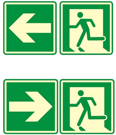 2 Stück selbstklebende Notausgangsschilder mit nachleuchtenden Pfeilen (146 x 146 mm) – Robuste PVC-Fluchtwegkennzeichnung für Büros, Hotels und Gewerbe (4 Richtungen einstellbar)
