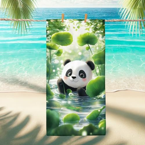 Cute Panda Microfiber Beach Towel Green Bamboo Leaves Cartoon Bath Towel, Quick Dry Absorbent Soft Sand Free Lightweight Blanket, Vacation Pool Gym Travel Essentials 70x35 Inch
