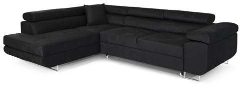 COMFORTINO FURNITURE Ecksofa mit Schlaffunktion PASTI L-Form, Sofa Couch mit Bettkasten, 3-Sitzer Eckcouch, Schlafsofa für Wohnzimmer, Big Sofa Couch mit Schlaffunktion (Schwarz, Ottomane Links)