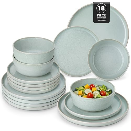 vancasso ANYA Dinnerware Sets, 18 Piece Dinner Plates Set of 6, Include Ceramic Dinner Plates, Dessert Plates, and Cereal Bowls, Dishwasher and Microwave Safe, Mint Green