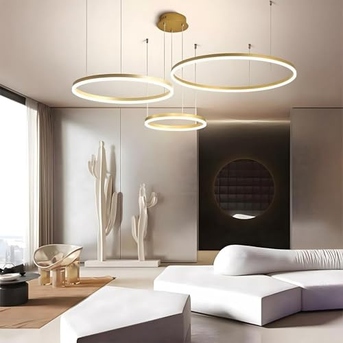SJUN Moderner LED-Kronleuchter DIY Kreis LED-Pendelleuchte Metall + Acryl Fernbedienung Dimmbar Runde Deckenleuchte Wohnzimmer Schlafzimmer(Gold,A-20+40+60CM)