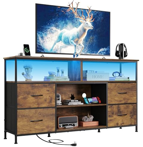 WLIVE TV Stand Dresser for 50,55,60 inch TV, Entertainment Center with LED Lights & Fabric Drawers, Dresser TV Stand for Bedroom and Living Room with Open Shelves, Rustic Brown