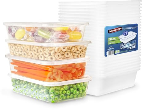 Caterserve Takeaway Plastic Containers With lids - Microwave and Dishwasher safe - Ideal for Food storage and Meal Prep - BPA free,recyclable,reusable (10-500CC)