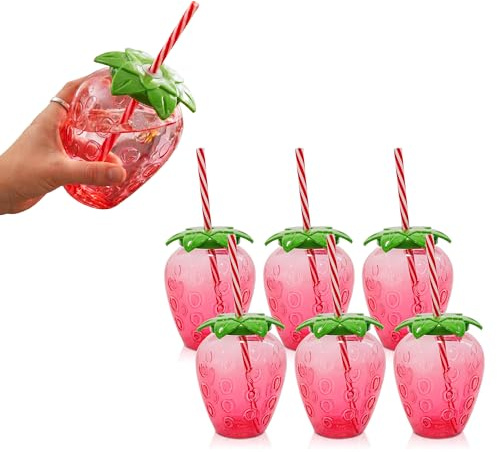 Lizzy 6 Pack Strawberry Cup with Straw 500ml Reusable Plastic Fruit Tumbler with Removable Striped Straw Fun Drinking Cup for Parties BBQ Picnics Summer Outdoor Juice Water Cups