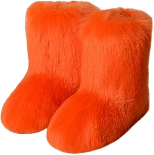 eileen UU Women's Faux fur Boot Furry Fluffy Short Snow Boot Mid-Calf Boots Warm Comfortable Outdoor Flat Shoes (Orange, Adult, Women, 10, Numeric, US Footwear Size System, Medium)