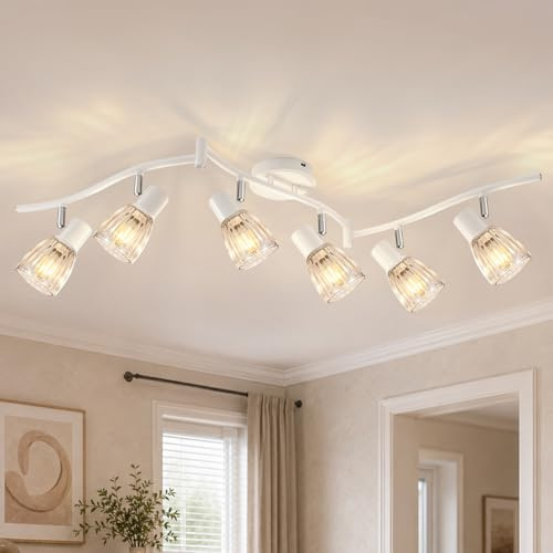 Unikcst Deckenstrahler 6 Flammig E14 Weiß Deckenleuchte mit Glas-Schirmen | 6 bewegliche Spots, 350° drehbar und 90° neigbar, Metallgehäuse, Decken- und Wandmontage, für Wohnräume