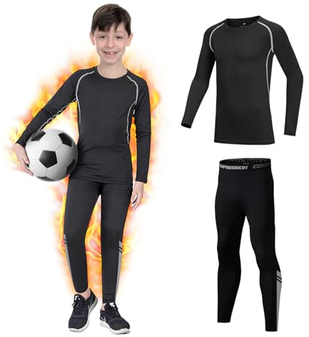 Capa base para niños: forro polar atlético de fútbol, camiseta de manga larga y leggings de compresión, ropa interior térmica de línea reflectante para ciclismo, esquí y correr, gris, 14-15 Years
