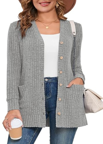AusLook Plus Size Women Long Sleeve Cardigan Light Gray 2X Open Front Button Down Lightweight Casual Sweater Cover Ups Shrugs Shawls and Wraps Kimono Jacket Coat with Pockets