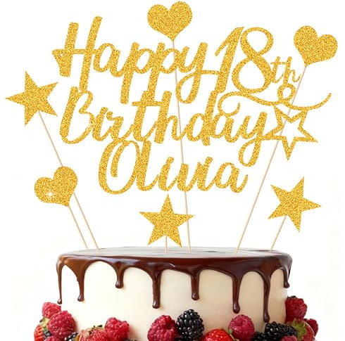 EDSG Personalised Happy Birthday Cake Topper, Custom Birthday Party Decoration, Double-Sided Glitter Cake Topper 13th 16th 18th 21st 30th 40th 50th 60th 80th (Golden)