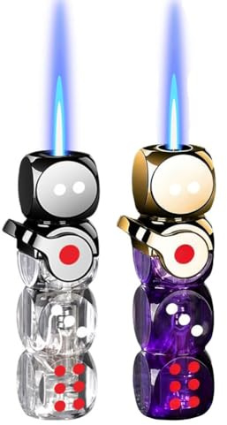 Luminous Dice Torch Lighter, Refillable Butane Lighter Adjustable Windproof Jet Flame, Multicolor LED Cool Retro Design for BBQ Candles Barbecue Cooking Kitchen Outdoor(2PCS B)