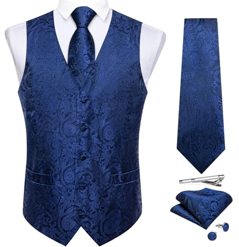 DiBanGu Herren Paisleymuster Krawatte Set Anzugweste | Weste für Herren, Krawatte und Einstecktuch, Jacquardgewebe, V-Ausschnitt, 2 echte Taschen, 6 Knöpfe, normale Passform