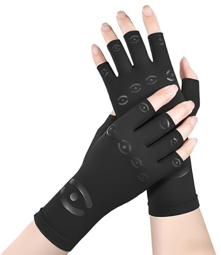 GlauStalos Guantes Artrosis Manos Mujer Hombre, 1 Pares Guantes de Compresión, Guantes Sin Dedos para Alivio del Dolor Articular, Tendinitis y Túnel Carpiano – Transpirables (Negro L)