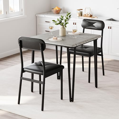 RBFGYIOP Kompaktes und modernes Esstisch-Set für 2 Personen – quadratischer Tisch mit gepolsterten Stühlen – ideal für Küche, Esszimmer, kleine Räume, Büro – platzsparendes Design – Grau