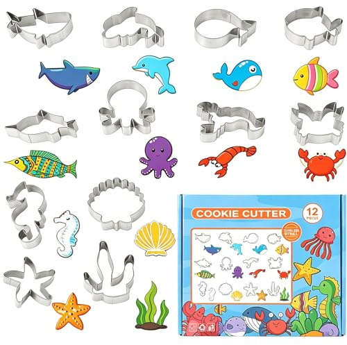 Consnew 12 Piezas Cortadores de Galletas Forma de Animales Marinos, Moldes de Galletas de Acero Inoxidable para Fondant DIY, Repostería, Regalo Educativo, Decor de Fiestas y Actividades Familiares