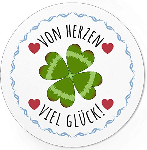 48 moderne Design Etiketten, rund 4cm - Viel Glück von Herzen - Kleeblatt | Geschenk-Aufkleber Sticker für Schule Einschulung DIY Prüfungen