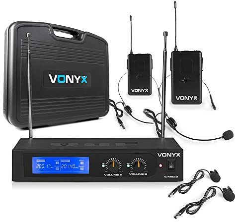 VONYX WM522B Wireless Microphone System, Dual-Channel VHF Receiver with Headset and Lapel Mics, Wireless Headset Microphone and Wireless Lapel Microphone, Includes Durable Carry Case