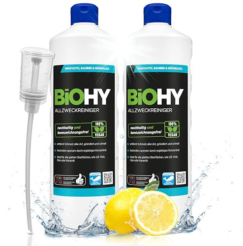 BiOHY Allzweckreiniger Konzentrat (2 x 1 liter) + Dosierer | Bio Allesreiniger für Boden und Haushalt | Kalkreiniger Konzentrat mit universaler Anwendung | schnell und effektiv
