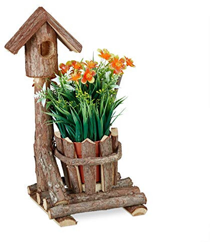 Relaxdays Holz Blumentopf, mit Deko Vogelhaus & Baumrinde, runder Übertopf, rustikale Dekoration, innen & außen, braun
