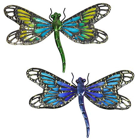 HONGLAND Metal Dragonfly Wall Decor Glass Outdoor Wall Art Hanging Garden Decorations for Living Room (Dragonfly a pair) Dragonfly Clip, Metal Wall Art.