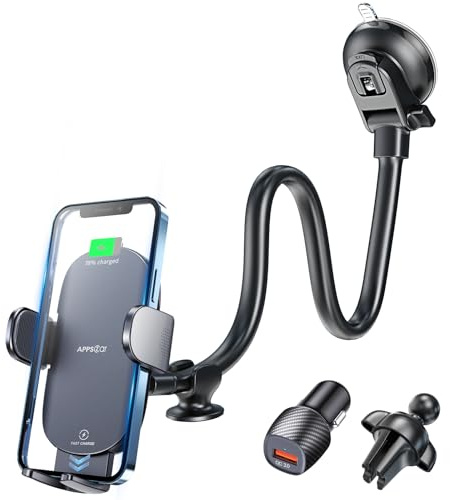 APPS2Car 15W Qi Handyhalterung Auto mit Ladefunktio, Handyhalterung Auto Induktives Laden für Saugnapf Windschutzscheib Lüftung, Wireless Car Charger für iPhone 14/13/12 Pro Max (inkl. QC-Ladegerät)