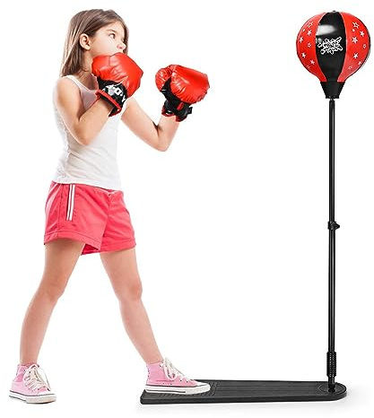 DREAMADE Boxset Boxstand für Kinder, Punchingball Set höhenverstellbar 85cm- 130cm, Punching Standbox mit Fußpedal für Kinder über 8 Jahre alt, Standboxsack mit Boxhandschuhen & Pumpe